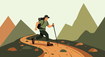 Adventurer Ascending Mountain Trail Representing Determination, Activity, and Excursion