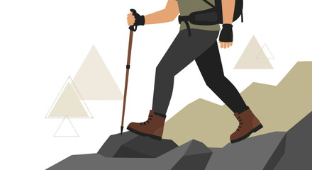 Adventurer Ascending Mountain With Trekking Pole During Sunny Day Activities