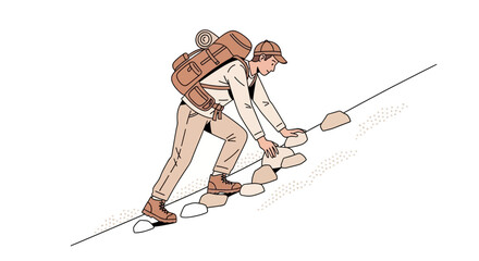 Adventurer Ascending Rocky Terrain Carrying Backpack Reaching Higher Elevations