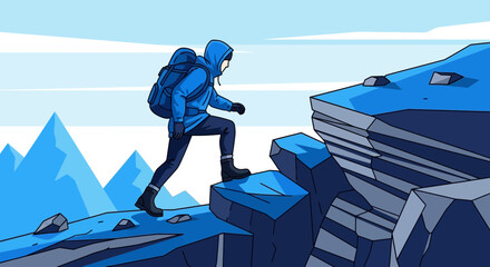 Adventurer Ascending Rocky Terrain Depicts Determination And The Challenge Of Heights