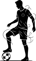 Silueta de un Jugador de futbol con una pelota, vista de perfil, deporte, elegante, blanco y negro, diseño minimalista, ilustración vectorial. 