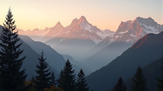 Majestic mountain range with snowcapped peaks at sunset a scenic alpine landscape view