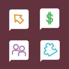A colorful set of business icons in speech bubbles representing finance, teamwork,strategy, and direction for digital communication