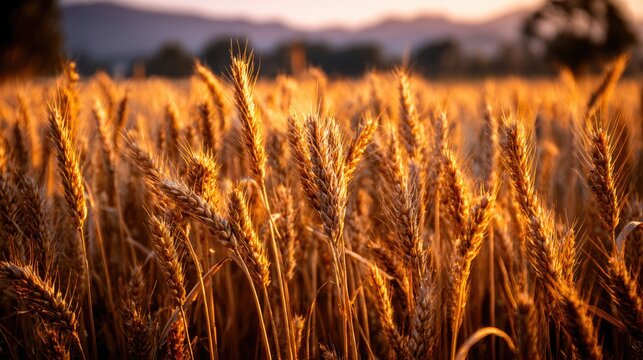 Golden Wheat Field at Sunset with Ripe Grain Ears Close Up