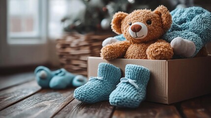 Soft teddy bear and blue booties in a cardboard box on a wooden surface