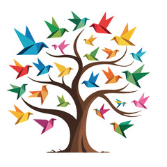 watercolor tree with colorful birds illustration