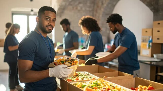 Volunteers Distributing Food at a Donation Center, Highlighting Teamwork and Compassion in Warm Lighting