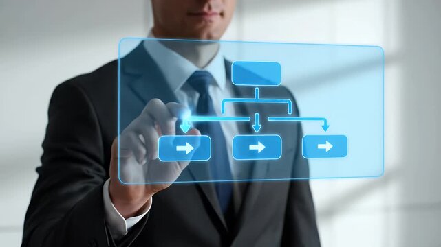 Businessman in Dark Suit Interacting with a Digital Flowchart on a Transparent Display in Bright Indoor Setting