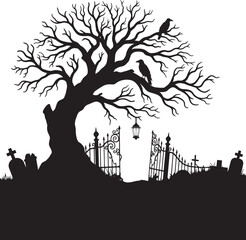 haunted graveyard silhouette with spooky tree and crows