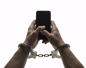 Hands in handcuffs using smartphone, showcasing addiction concept and social media dependence