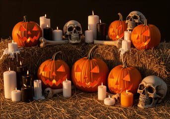 Spooky Halloween Decorations Carved Pumpkins, Skulls, and Flickering Candles on Hay