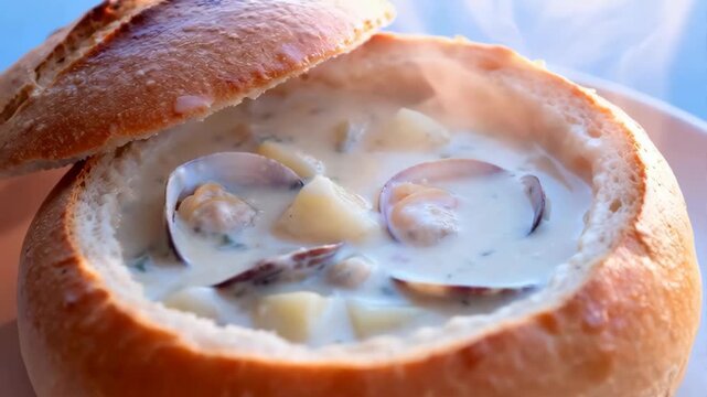 Steaming Clam Chowder Served in a Sourdough Bread Bowl With a Lid on a White Plate With Blue Background Lighting