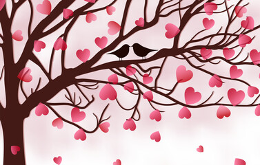Fototapeta premium Birds Kissing on Tree Branch | Romantic Love Scene, Nature Couple Illustration Background