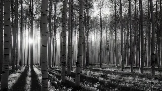 Sunlight Filters Through A Birch Forest Creating Dramatic Shadows On The Ground In A Black And White Scene