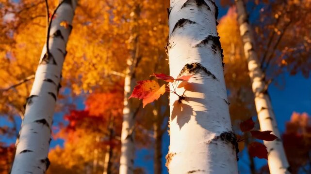 Sunlit Birch Trees with Vibrant Golden Orange and Red Autumn Leaves Against a Deep Blue Sky in a Forest Setting