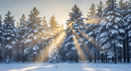 Sunlight streams through snow covered pine trees in a serene winter forest scene