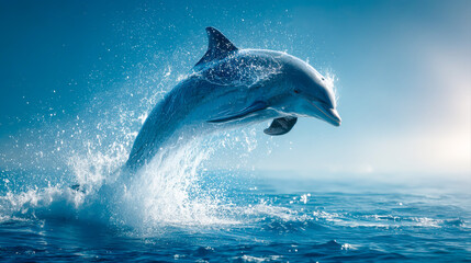 Fototapeta premium Playful dolphin leaping out of blue ocean water with sparkling waves on clear day