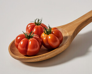 Fresh heirloom tomatoes resting on wooden spoon, perfect ingredient for healthy recipes and culinary creations