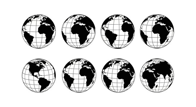 Globes showing different continents with gridlines on a white backdrop creating a cartography