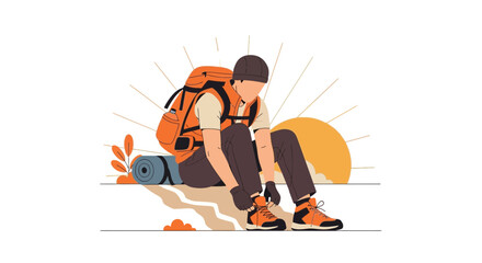 Adventurer Prepares For The Journey Wearing Boots With A Backpack Against The Sunset Sky