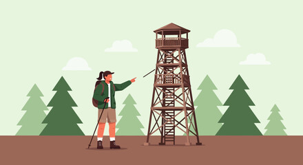 Adventurer Pointing Towards Watchtower in Nature Environment, Hiking Expedition Journey