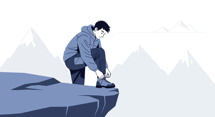 Adventurer Prepares Footwear On Mountain Peak Prior To The Exploration Journey Start