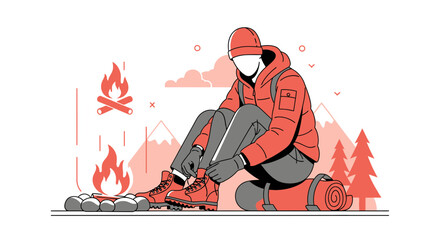 Adventurer Prepares For Expedition Near Campfire With Mountain Landscape Background