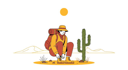 Adventurer Prepares For Expedition In Arid Terrain Under The Radiant Sun