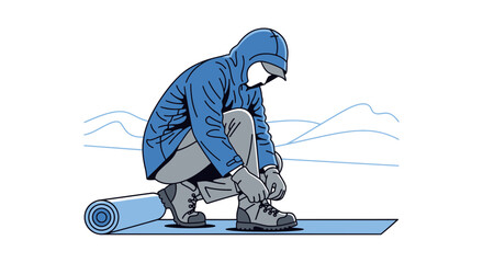 Adventurer Prepares For Expedition Tying Boots With Snowy Mountain Landscape Background