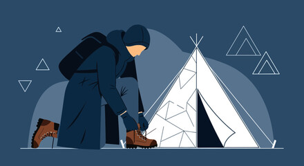 Adventurer Prepares For Expedition, Tying Bootlaces Before Entering a Tent At Night