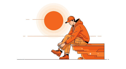 Adventurer Prepares for Exploration in Orange Hues Against the Setting Sun Silhouette