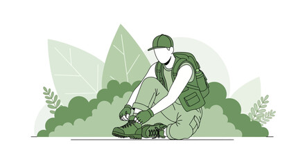Adventurer Prepares for Hiking Journey Surrounded By Lush Foliage and Verdant Landscape