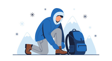 Adventurer Prepares For Hiking, Tightening Boots Before Winter Camping Adventure