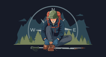 Adventurer Prepares For The Journey As The Compass Guides The Way To Adventure Expedition