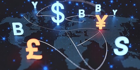 Global currency symbols dollar yen pound euro connected on world map background with lights. Futuristic Digital Technology Background .Artificial Intelligence Data Flow Background.
