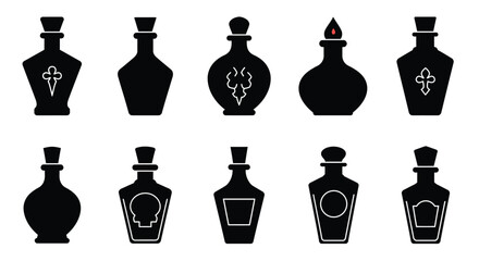 Collection of various black silhouette bottles with unique decorative designs