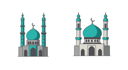 Stylized islamic mosque illustrations featuring minarets and crescent moon designs