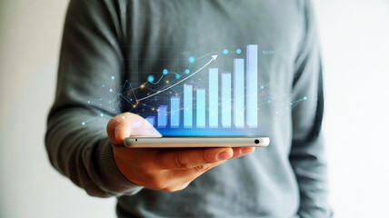 Man holding smartphone displaying a glowing futuristic financial growth chart with upward trend