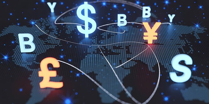 Global currency symbols dollar yen pound euro connected on world map background with lights. Futuristic Digital Technology Background .Artificial Intelligence Data Flow Background.
