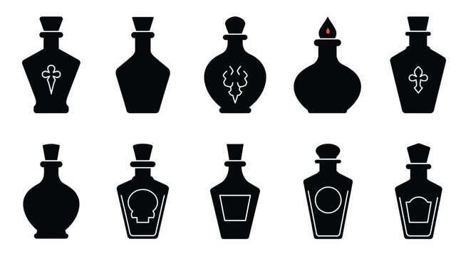 Collection of various black silhouette bottles with unique decorative designs