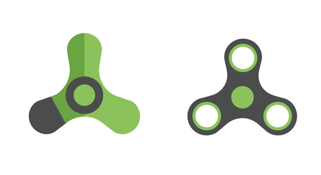 Two colorful fidget spinners with simple designs are displayed on a white background