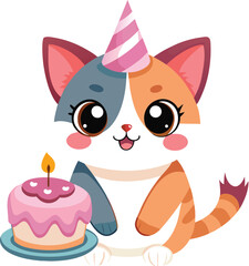 Cute kawaii calico cat wearing party hat holding birthday cake vector illustration