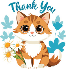 Cute fluffy cat with daisies "thank you" illustration vector art eps scalable