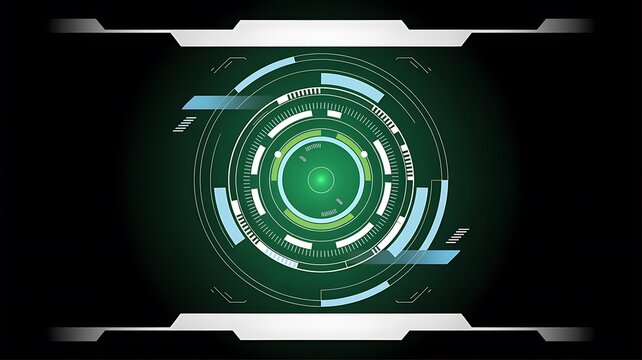 Green digital HUD interface with concentric rings and technological elements on a dark background. Futuristic Digital Technology Background .Artificial Intelligence Data Flow Background. - Powered by Adobe