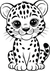 Cute baby leopard illustration, black and white line art, adorable cartoon cheetah cub drawing, kids coloring page, wild animal artwork