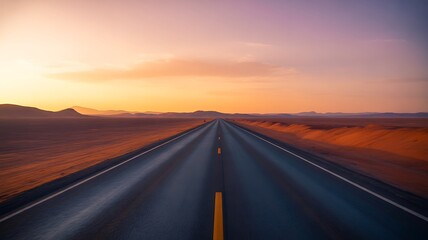 Naklejka premium Endless desert highway at sunset with orange and purple sky road