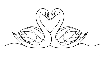 A black and white line drawing of two swans forming a heart shape with their necks © Jambu