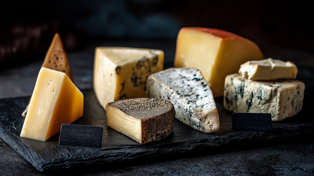 Variety of cheese types displayed on black slate board with chalk labels, elegant studio lighting