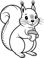 Cute squirrel holding acorn illustration, cartoon woodland animal drawing, adorable forest creature, happy squirrel art, kids coloring page design