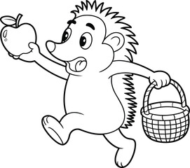 Cute hedgehog holding apple illustration, cartoon hedgehog with basket, adorable animal drawing, fun forest character, woodland creature coloring page